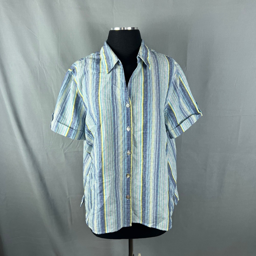 Alfred Dunner Shirt Womens Large Multicolor Striped Cotton Side Slit Button Up